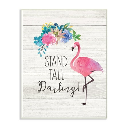 Floral Wall The Stupell Home Decor Collection Stand Tall Darling Flamingo Floral Watercolor on White Planks Wall Plaque Art, 10 x 0.5 x 15 ()