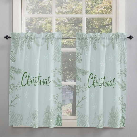 Teal Christmas Kitchen Curtains 54 Inches Long, Xmas Pine Needles Berries Snowflake Rod Pocket Window Curtains Panels for Bedroom/Bathroom/Nursery, Light Filtering Treatment Curtains Drapes 42"x54"