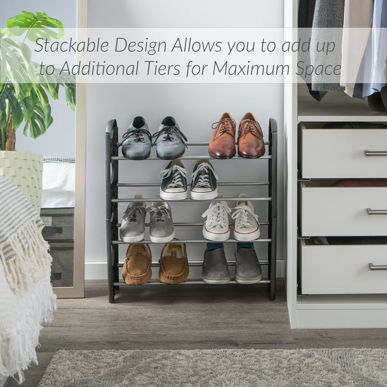 Simplify 4 Tier Stackable 12 Pair Shoe Rack in Black