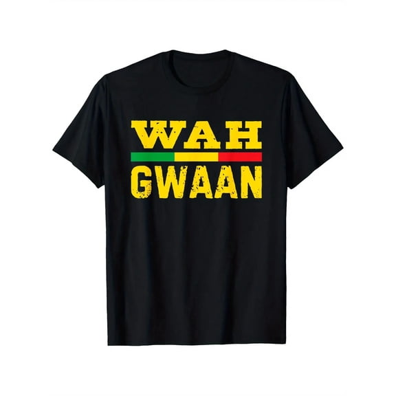 Wahahn Jamaica Pattern T-Shirt- Black with Bold Yellow WAH Letters and Green Accents- Heavy Cotton T-Shirt- Mens Regular Fit Casual Top- Daily and Event Wear- Sizes S-