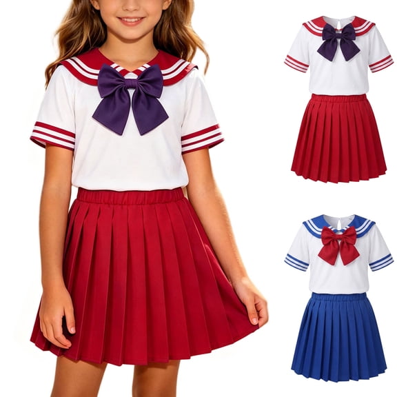 Daiosportswear Girls 2 Piece Sailor Outfit Set, Striped Sailor Collar Short Sleeve Top Elastic Waist Pleated Skirt with Detachable Bow for 5-12Y Red 11-12 Years