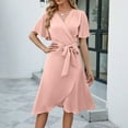 thumbnail image 2 of Baqcunre Womens Dresses Women'S Satin V Neck Waist Bell Sleeve Casual Fashion Dress Women'S Casual Dresses Midi Dress Pink Dress L, 2 of 8