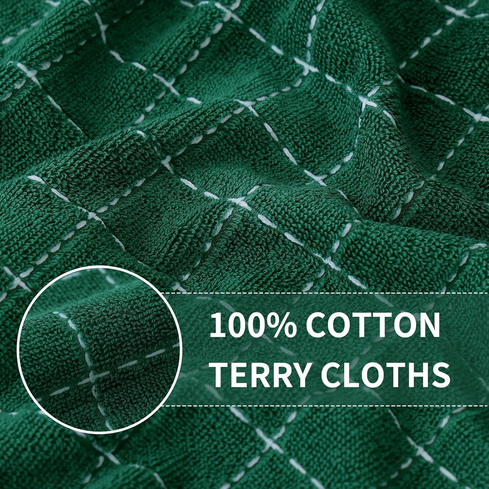 Cotton Terry Kitchen Towels(12*12inches), Checkered Designed, Soft and Super Absorbent Dish Towels, 4 Pack - Dark green