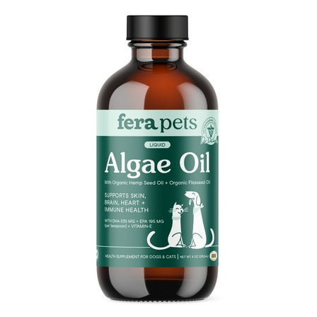 Fera Pets Algae Oil for Dogs & Cats with Vitamin E - Vegan Omega-3s - Immune, Heart, Brain & Skin Support - 8 oz