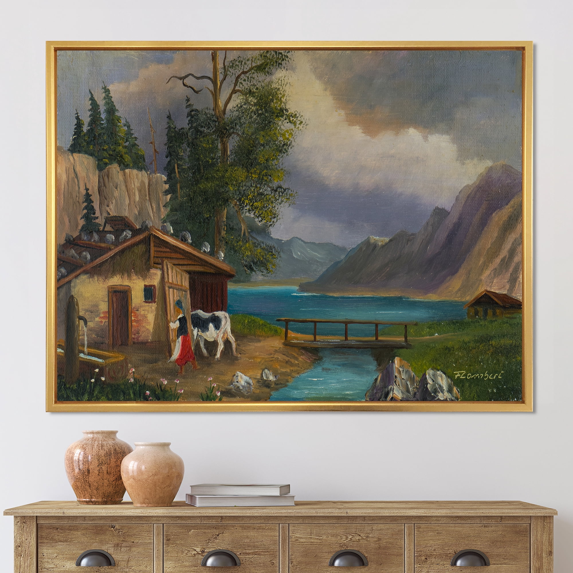 Designart 'Girl Brings The Cow Into The Stable At A Lake' Farmhouse Framed Canvas Wall Art Print