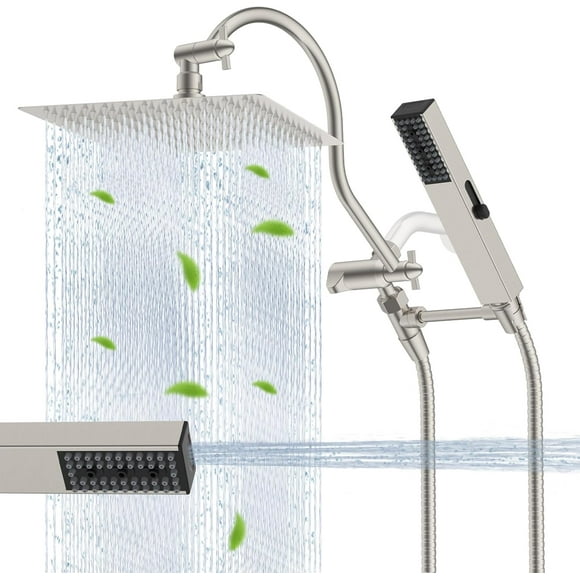 All Metal Shower Head ‘‘ High Pressure Rainfall Shower Head Showerhead Combo/Handheld Shower Wand ‘‘ Adjustable Curved Shower Extension Arm ‘‘ Hose Shower Head Holders Chrom