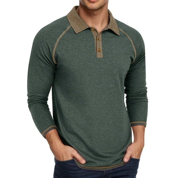 Adult Men Polo T Shirts Long Sleeve Button Tees Shirts Lightweight Green Golf Shirt for Man