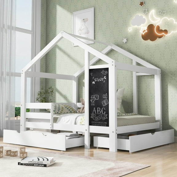 Harper & Bright Designs Twin Size House Bed with Blackboard and Storage Drawers, Montessori Twin House Bed Frame with Roof, Wood Playhouse Shape Bed for Bedroom, White