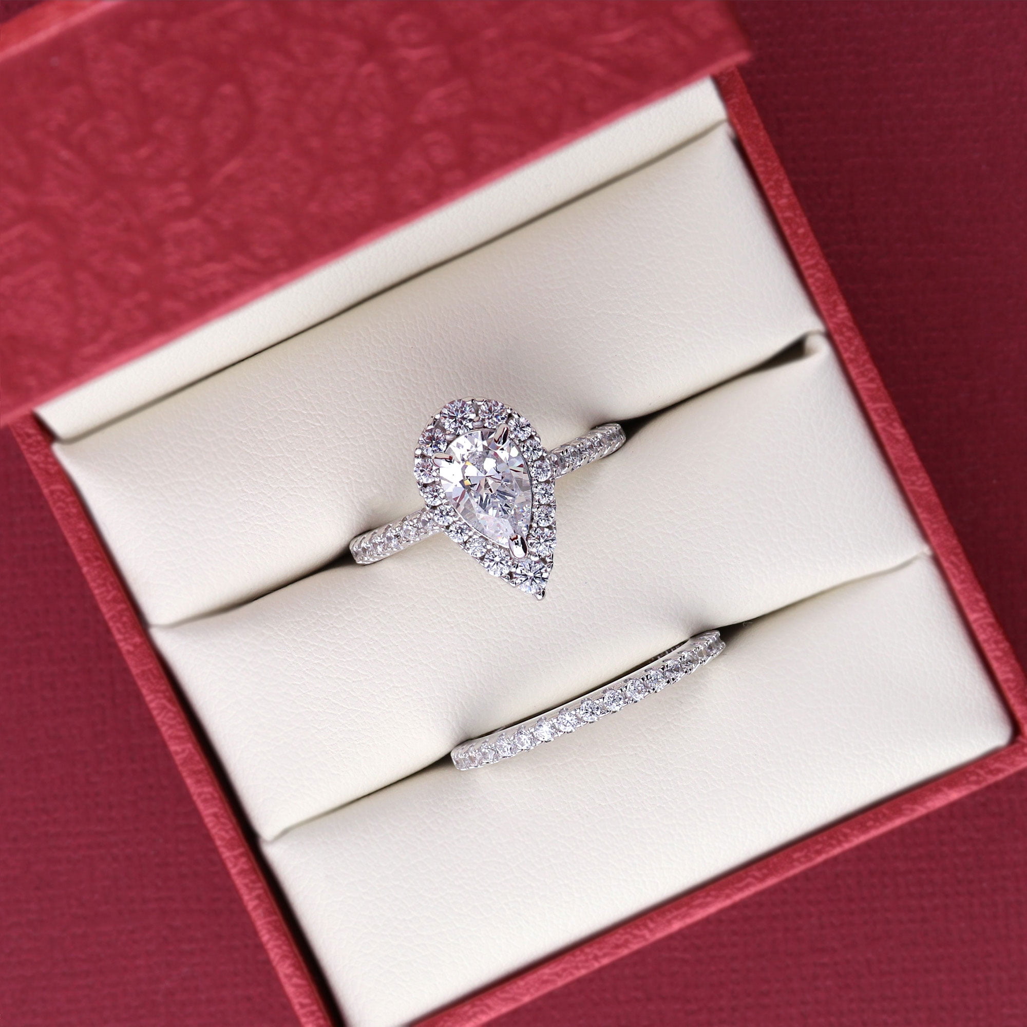 BERRICLE Sterling Silver Halo Wedding Engagement Rings Pear Cut Cubic Zirconia CZ Ring Set for Women, Rhodium Plated Size 6
