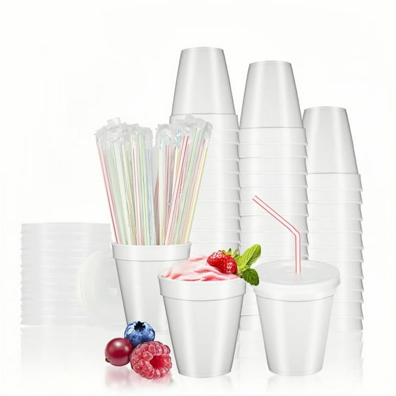 Styrofoam Cups with Lids and Drinking Straws, 8 oz, White, 150 Count, 50 Pack, Disposable Cups for Hot Cold Drink Beverage