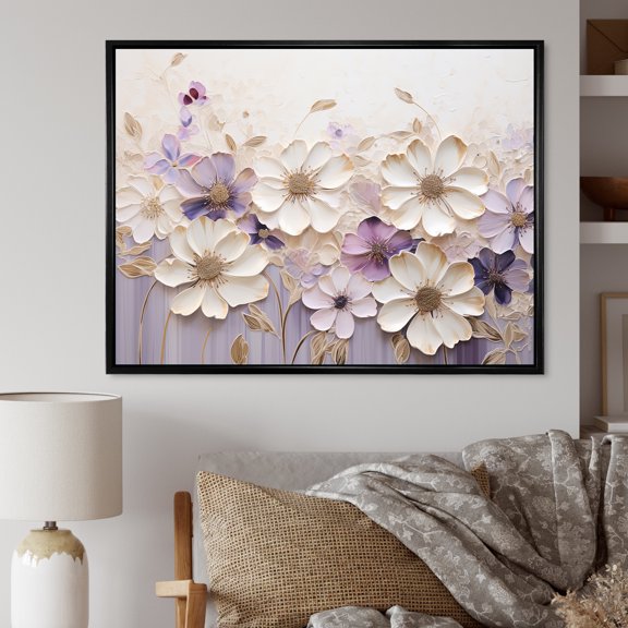 Designart "Beige-Purple Decorative Violets I" Violets Floater Framed Canvas Wall Art