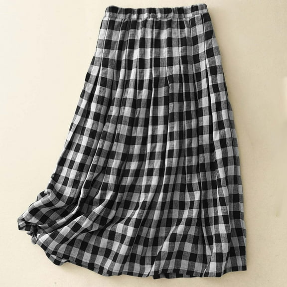 QATAINLAV Women's Elastic High Waist Plaid Skirts Casual Tiered Swing A Line Midi Skirt Linen Beach Vacation Clothes, Black, XL, Mother's Day Gifts