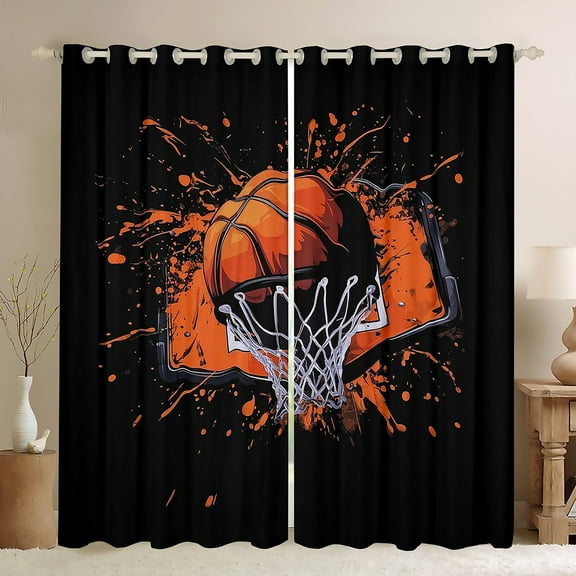 Feelyou Boys Cartoon Basketball Black Out Curtains, Black Orange Splatter Curtains Pack of 2 (42x63 Each), Eat Sleep Sports Bedroom Curtains, Living Room Curtains Decor