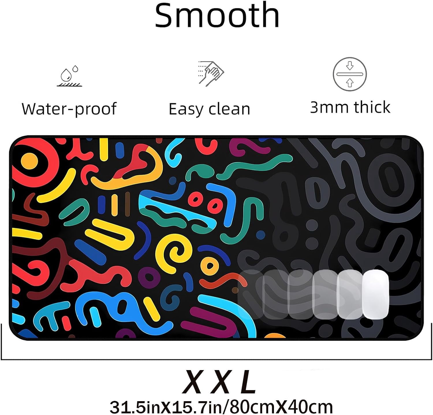 Colorful Line Desk Pad, Abstract Art Mouse Pad Mat XXL, Black Large Office Desk Keyboard Pad, with Non Slip Rubber Base and Stitched Edges Mouse Pad, Game Player's Desktop Decor 31.5"X15.7"