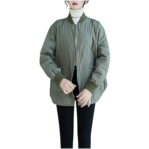 vdgthytj Womens Winter Jacket Long Sleeves Thin Collarless Zip up Cotton Coat Casual Loose Jacket with Pockets
