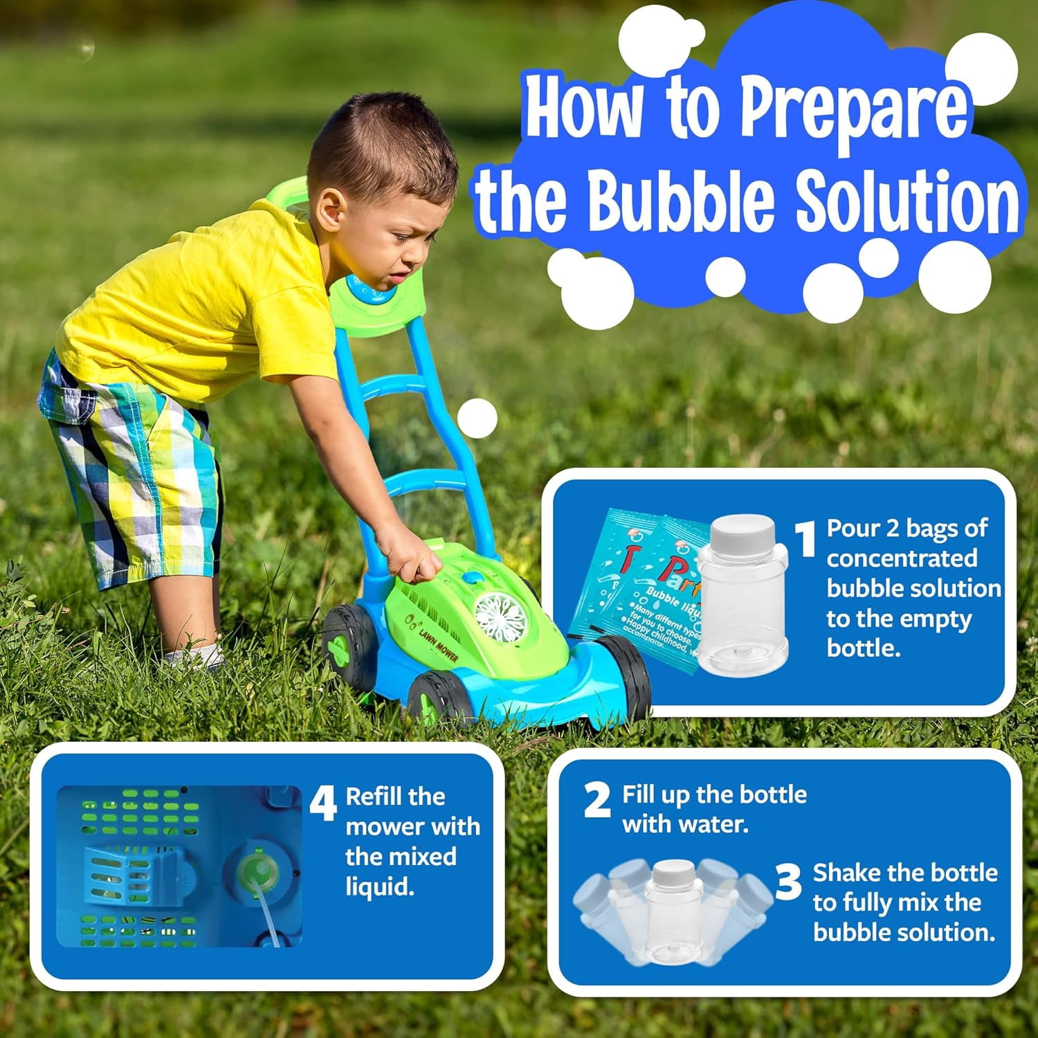 Bubble Lawn Mower Kids Bubble Blowing Machine Indoor Outdoor Push Gardening Toys Birthday Gifts for Preschool Toddlers Boys Kids Age 1 2 3 4 5 - Sunny Days Summer Entertainment