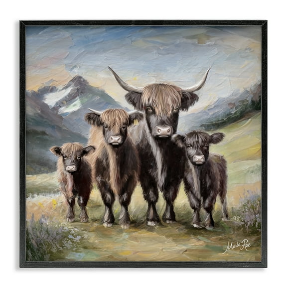 Stupell Industries Cattle Family in Highlands Animals Painting Black Framed Art Print Wall Art, 12 x 12