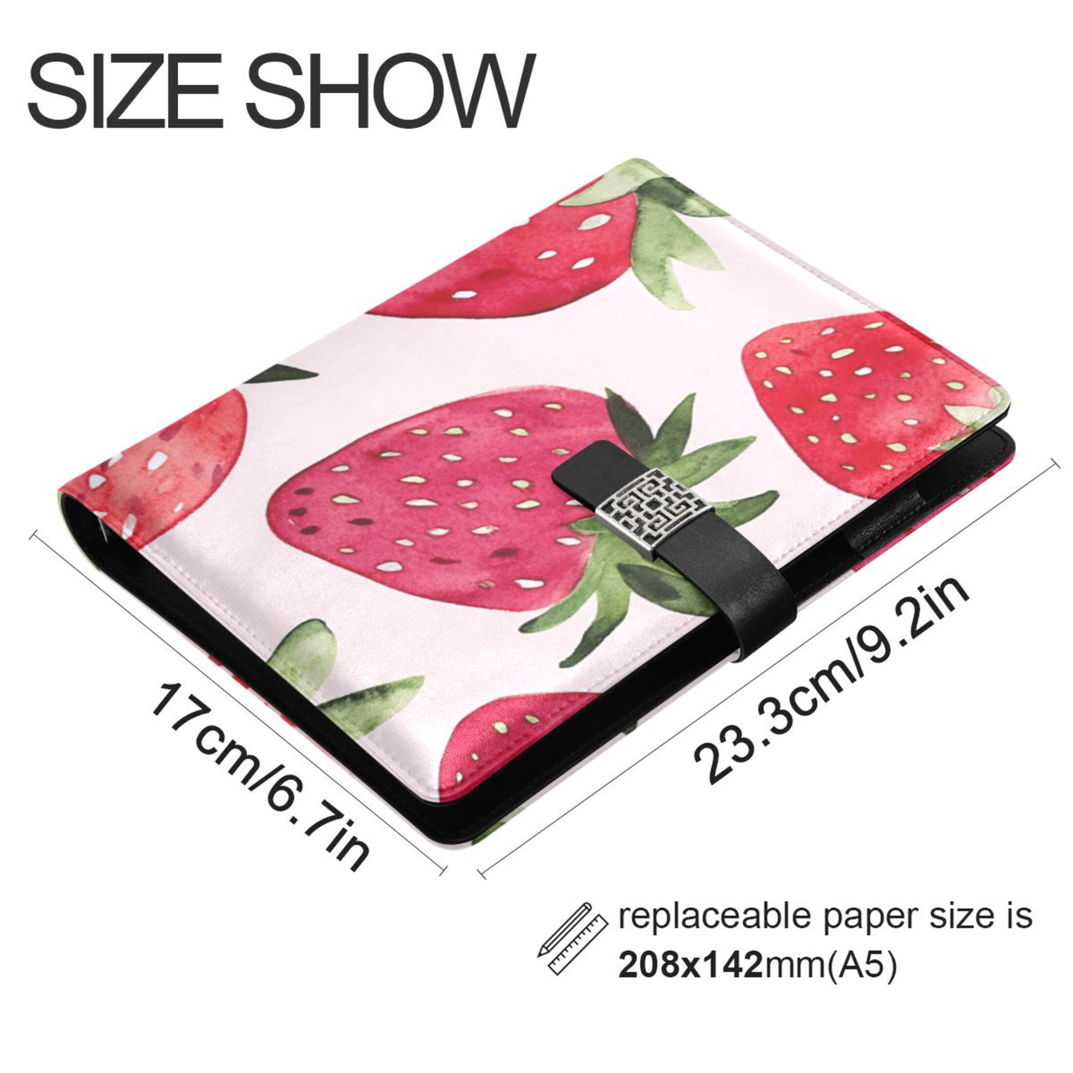 Watercolor Pink Strawberry Leather Journal Notebook for Men Women A5 Hardcover Notebook with Pockets for Work Business Travel
