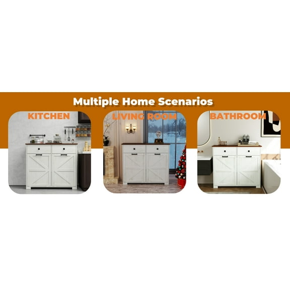 Farmhouse Double Tilt Out Trash Cabinet for 20 Gallon Trash Cans, Free Standing Recycling Cabinet with Hideaway Drawer, Barn Door Style Laundry Sorter Cabinet, Tilt Out Trash Cabinet for Kitchen