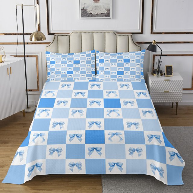 Erosebridal Buffalo Grid Coverlet Set King,Cute Bowknot Bedding Set,Blue White,3-Piece