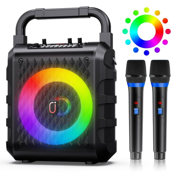 Máquina de karaoke, subwoofer mejorado de 20 W y 6,5 pulgadas: altavoz Bluetooth portátil con 2 micrófonos inalámbricos para adultos y niños, micrófono de karaoke con sistema PA, luz de fiesta, soport