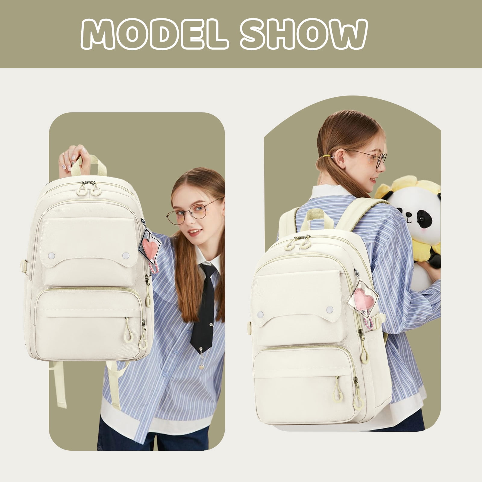 Inadays School Backpack, Large Capacity Bookbag for 15.6 Inch Laptop, Water-Resistant Cute Girlish Backpacks for Teen Adults Tween, Lightweight Travel Daypack for Primary Middle School College