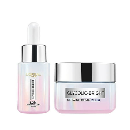 L'Oreal Paris Glycolic Bright Skin Brightening Serum, Bright Glowing Night Cream 15ml, Regime (Pack Of 2)
