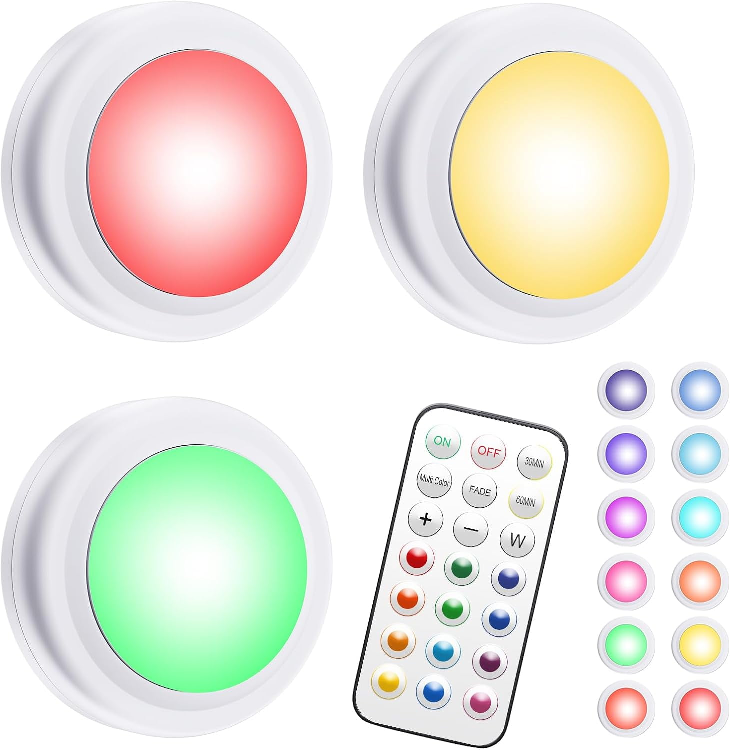 RGHJAR-Puck Lights with Remote,13 Colors Changeable LED Puck lightings Battery Powered Dimmable Under Cabinet Lights with 1 Wireless Remote Control & Timing Function(3 Pack)