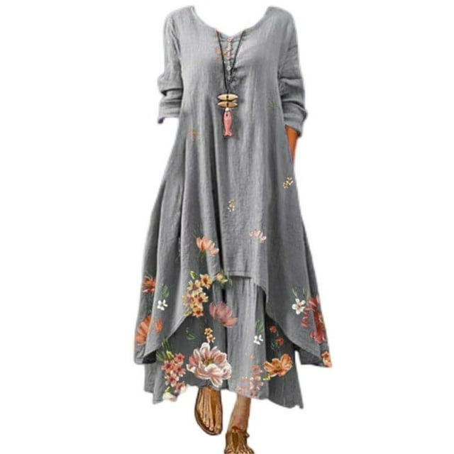 JFBUJC Robe Décontractée à Fleurs pour Femmes, Col Rond, Manches Longues, Irrégulière, Ample, Longue