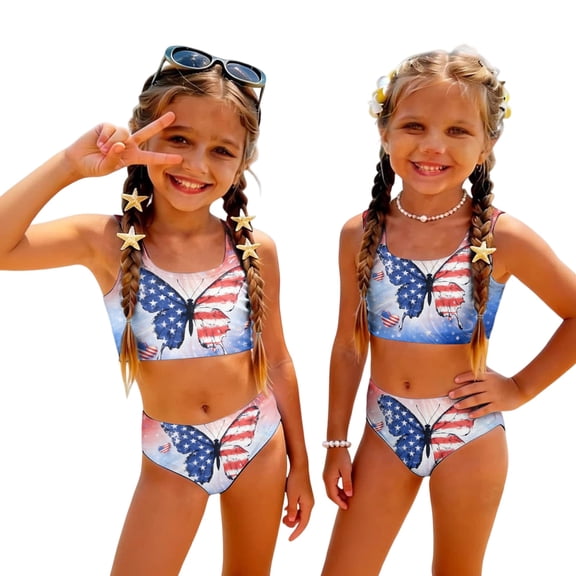 Grblisyd 4th of July Girls Swimsuits Two Piece Casual Scoop Neck Independence Day Bikini Sets Size 7 Years