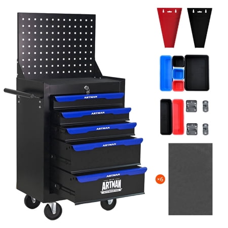 ARTMAN 5-Drawer Rolling Tool Chest, Metal Garage Tool Chest | with Pegboard and Hooks, Heavy Duty Tool Cabinet for Warehouse,Garage,Workshop(Black)