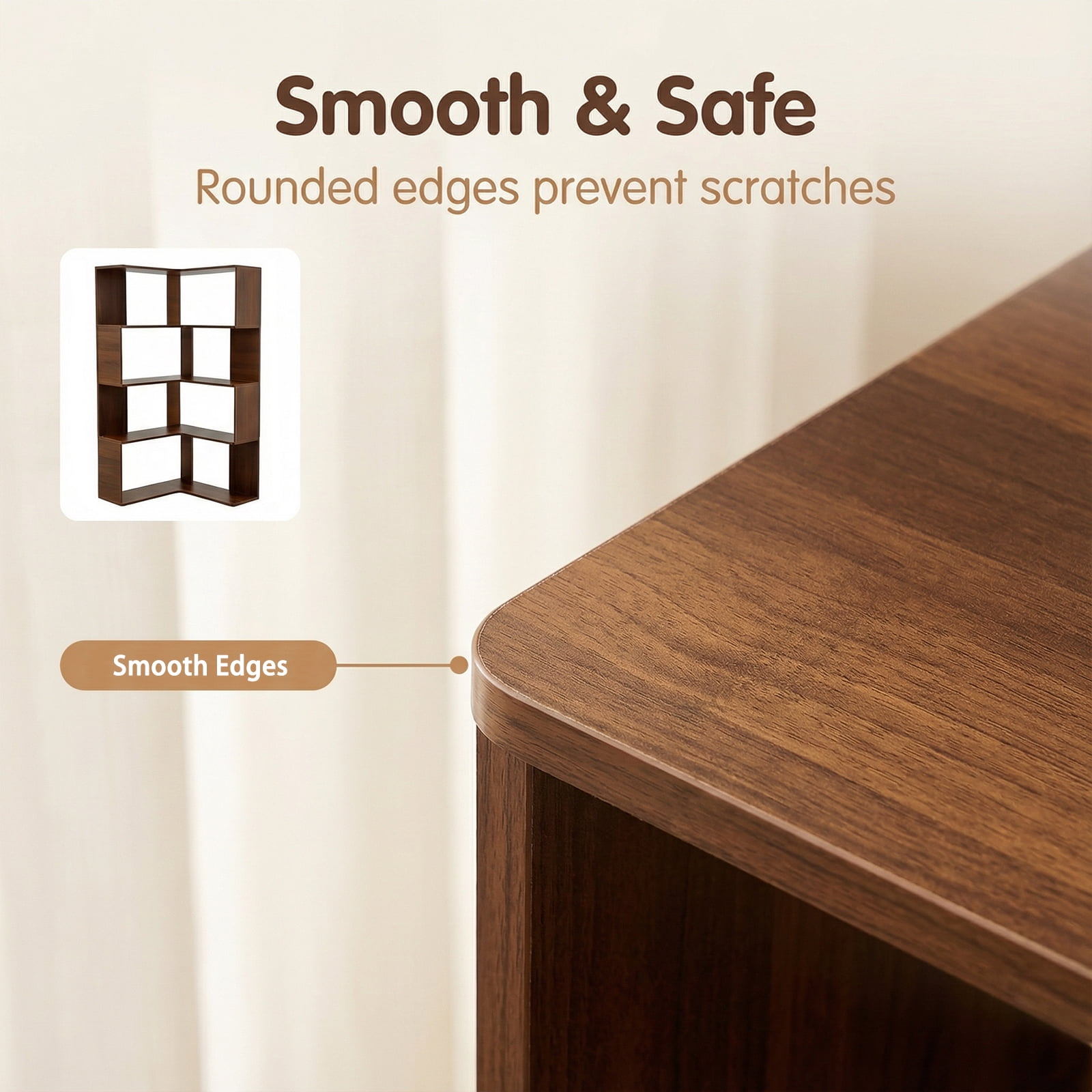 Bookshelf, 6 Tier Corner Shelf with Baffle and Anti-Tip Device, MDF Board for Living Room Bedroom Home Office Display, Walnut Finish