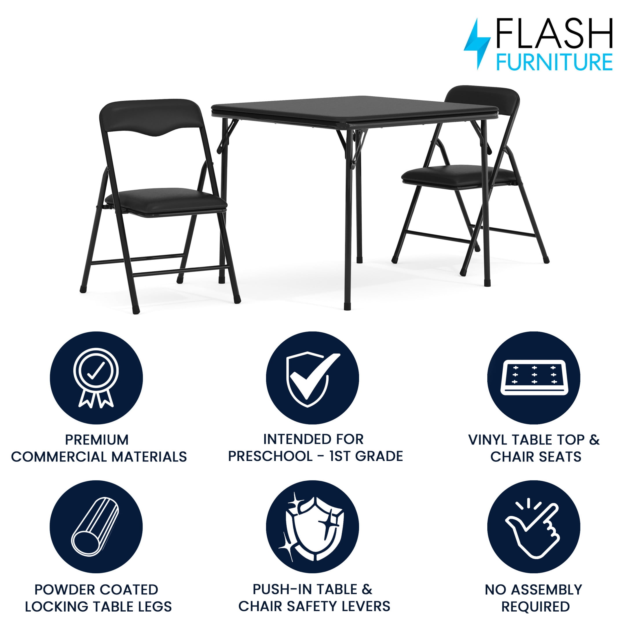 (4 pack) Flash Furniture Kids 3-Piece Folding Square Activity Table and Chairs Set, Black