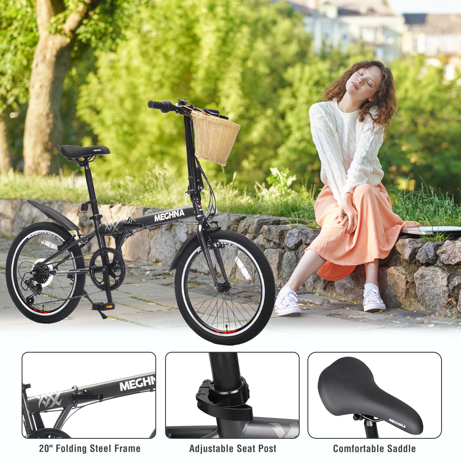 Mountain Bikes 20 Inch Folding Bike for Adults with Basket, Phone Holder & Fenders, Steel Frame 6-Speed City Commuter, Dual V-Brake Portable Compact Bicycle for Men & Women,Road Bikes