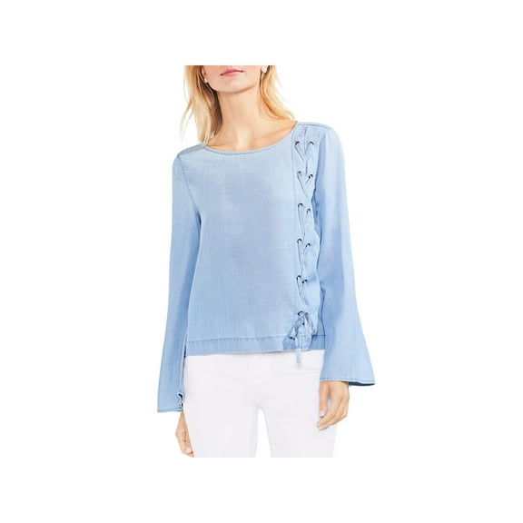 Vince Camuto Womens Chambray Lace-Up Pullover Top Blue XS