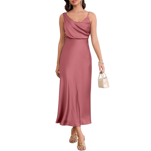 Vestido LUNAMODA de satén de verano con cuello vuelto para boda, invitada, rosa horneada