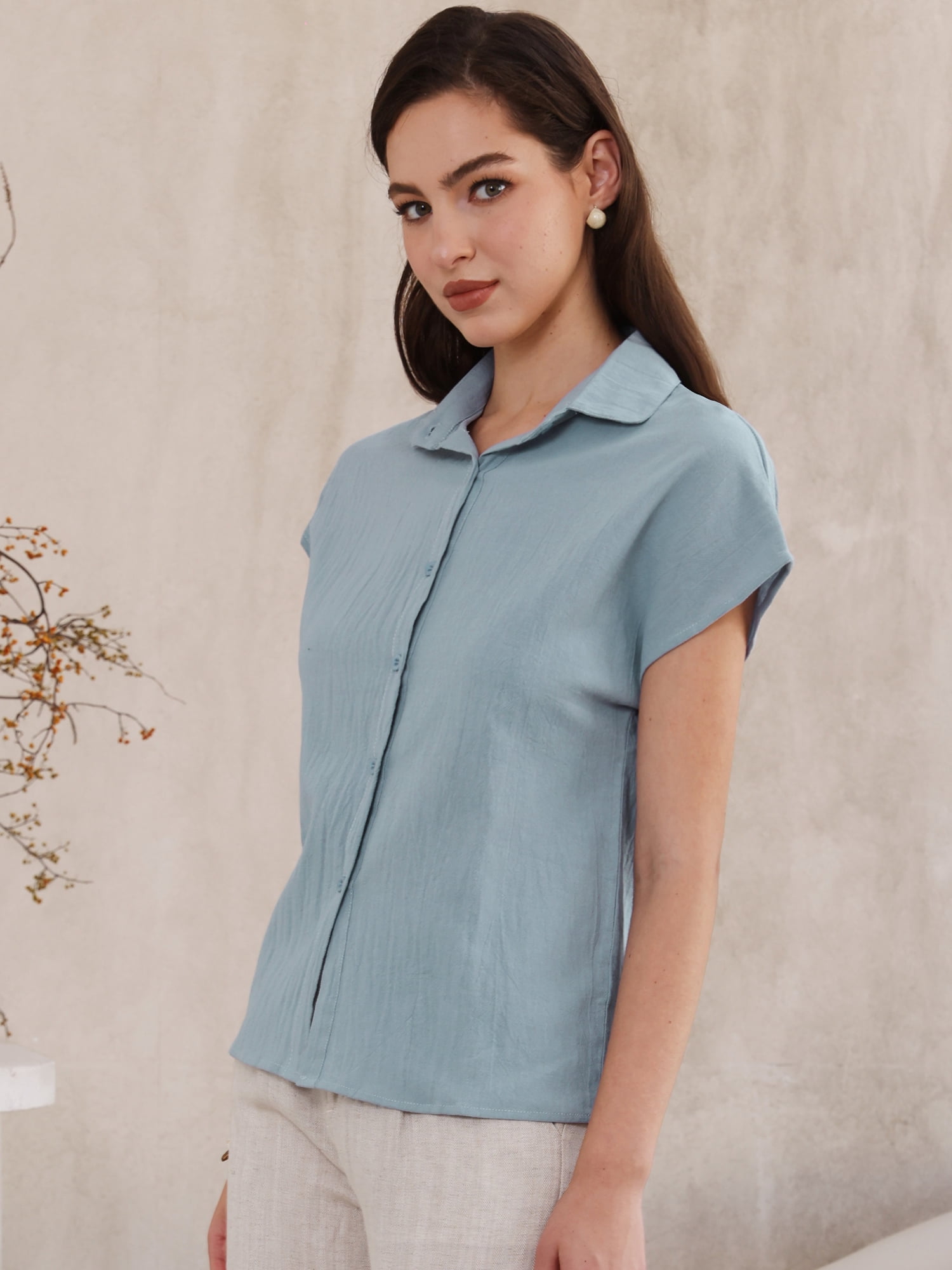 DARING DIVA Women's Linen Button Down Short Sleeve V Neck Tops 2XL Light Blue