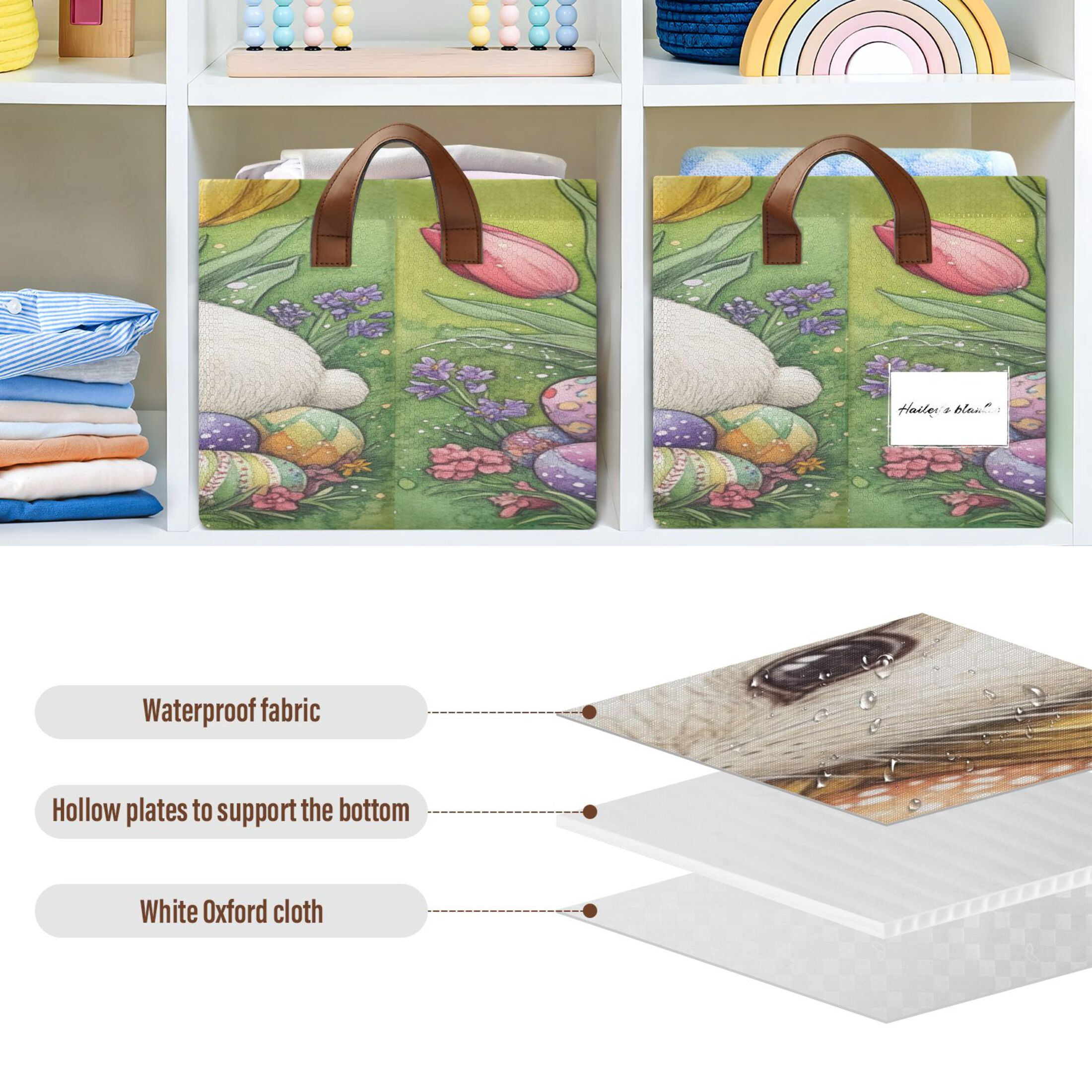 WOBOGO Easter White Bunny Storage Basket 16.9×11.4×10in Collapsible Oversized with Metal Iron Frame Set of 1