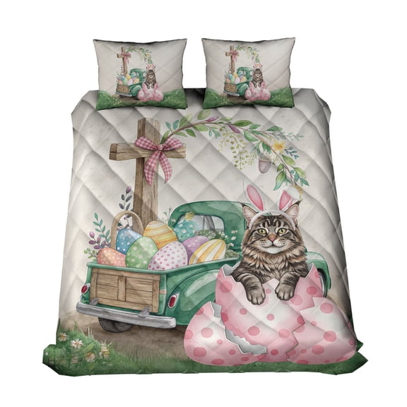 Easter Egg Maine Coon Bunny Ear Welcome Spring Truck Quilt Bedding Set Cat Lover Kitten Owner Gifts 1 Blanket Bed Cover 2 Pillowcases - 12002