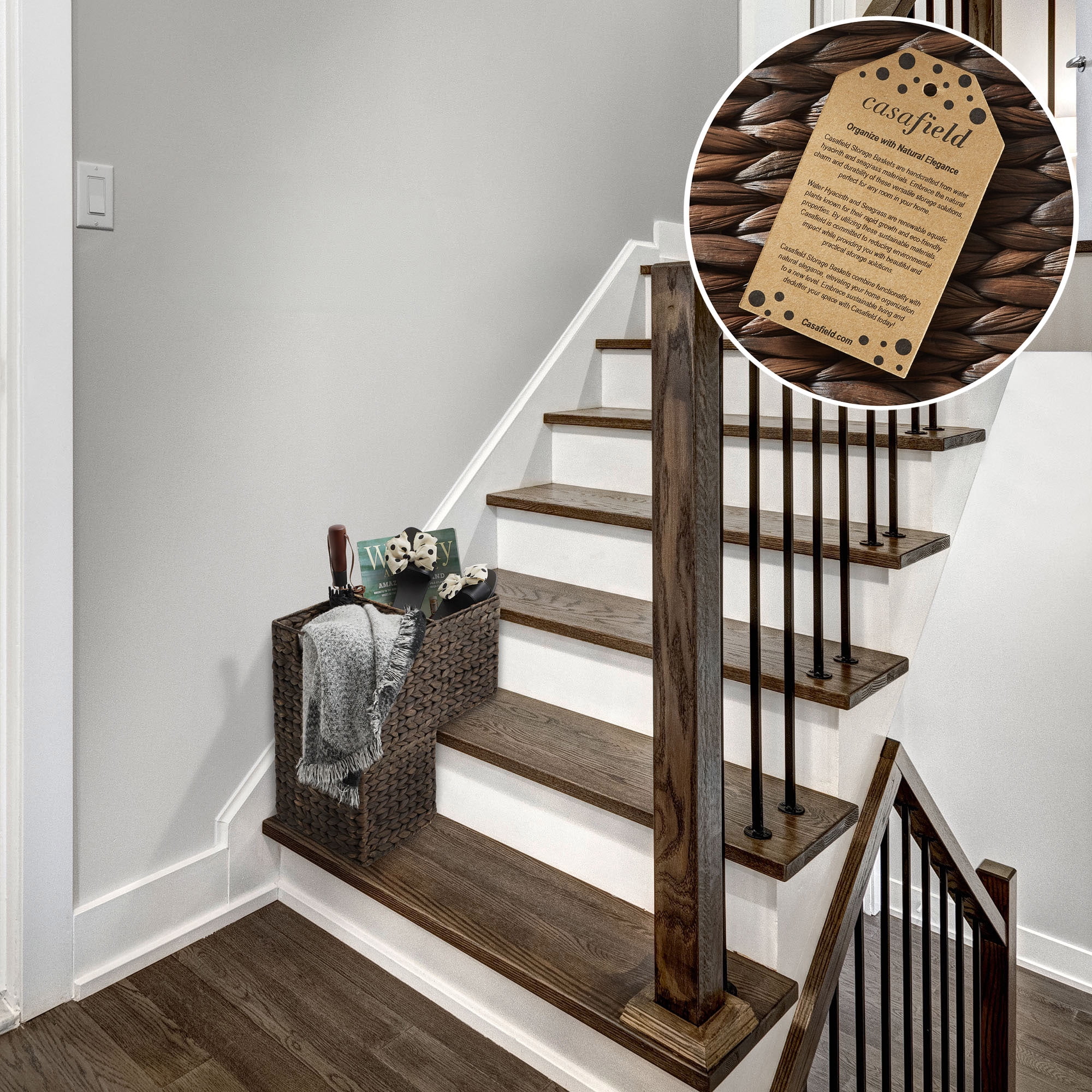 Casafield Stair Basket with Handles, Espresso Dark Brown - Woven Water Hyacinth Staircase Step Organizer Bin