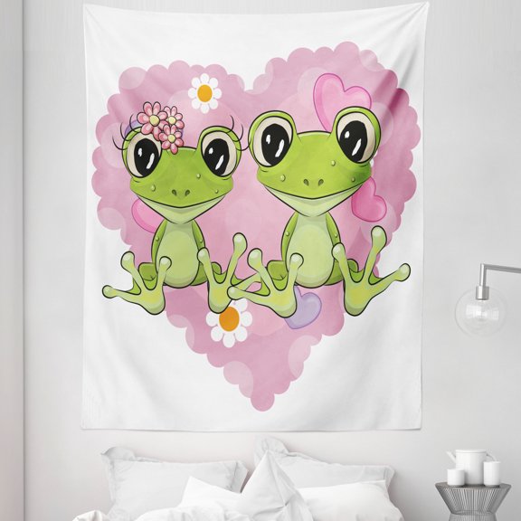 Cartoon Tapestry, 2 Cartoon Frogs on a Background of Heart in Love Happiness Flowers Art, Fabric Wall Hanging Decor for Bedroom Living Room Dorm, 5 Sizes, Dried Rose Lime Green, by Ambesonne