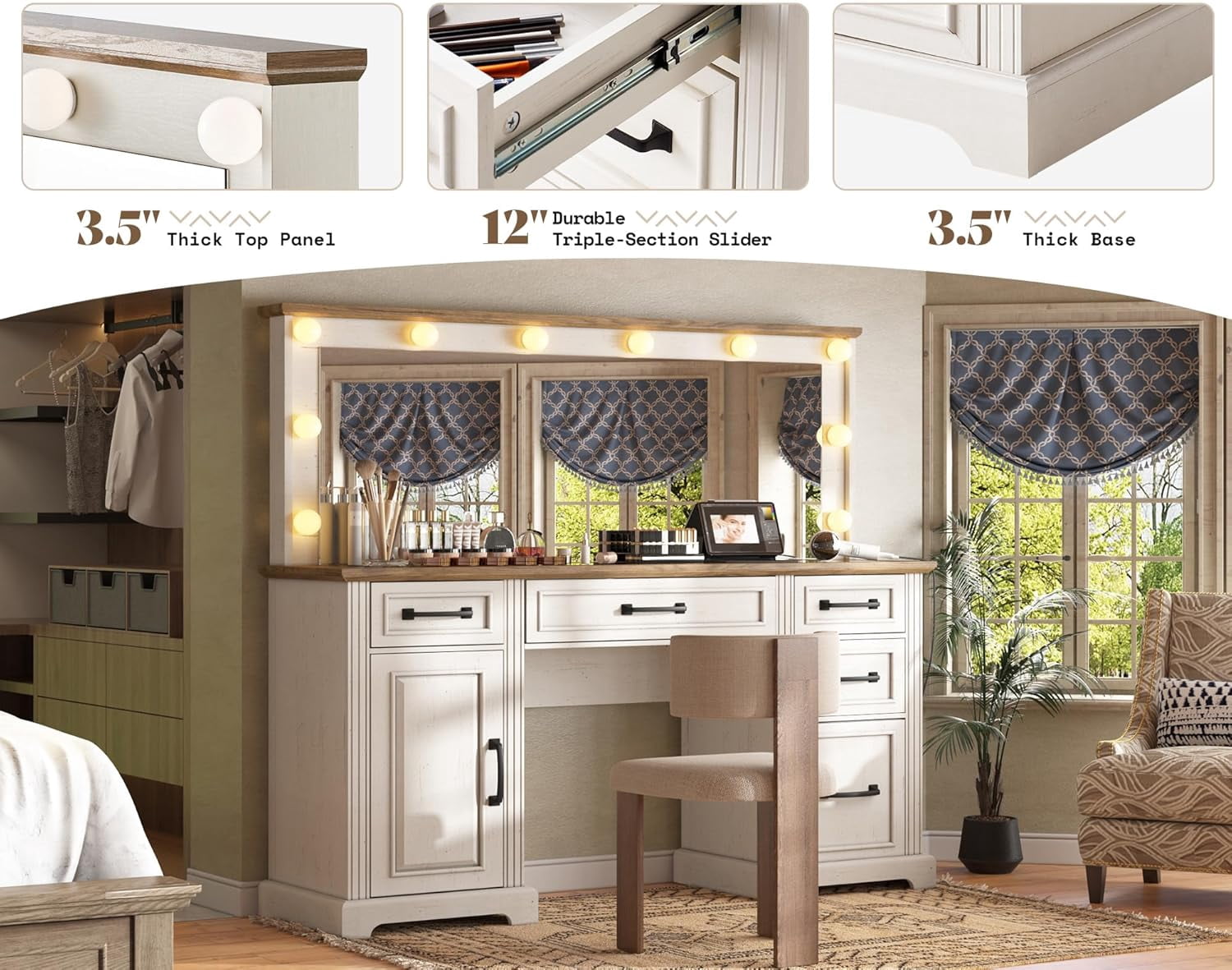 Merluxy Makeup Vanity with Mirror & Lights,Glass Top Vanity with 6 Drawers & Charging Station,White