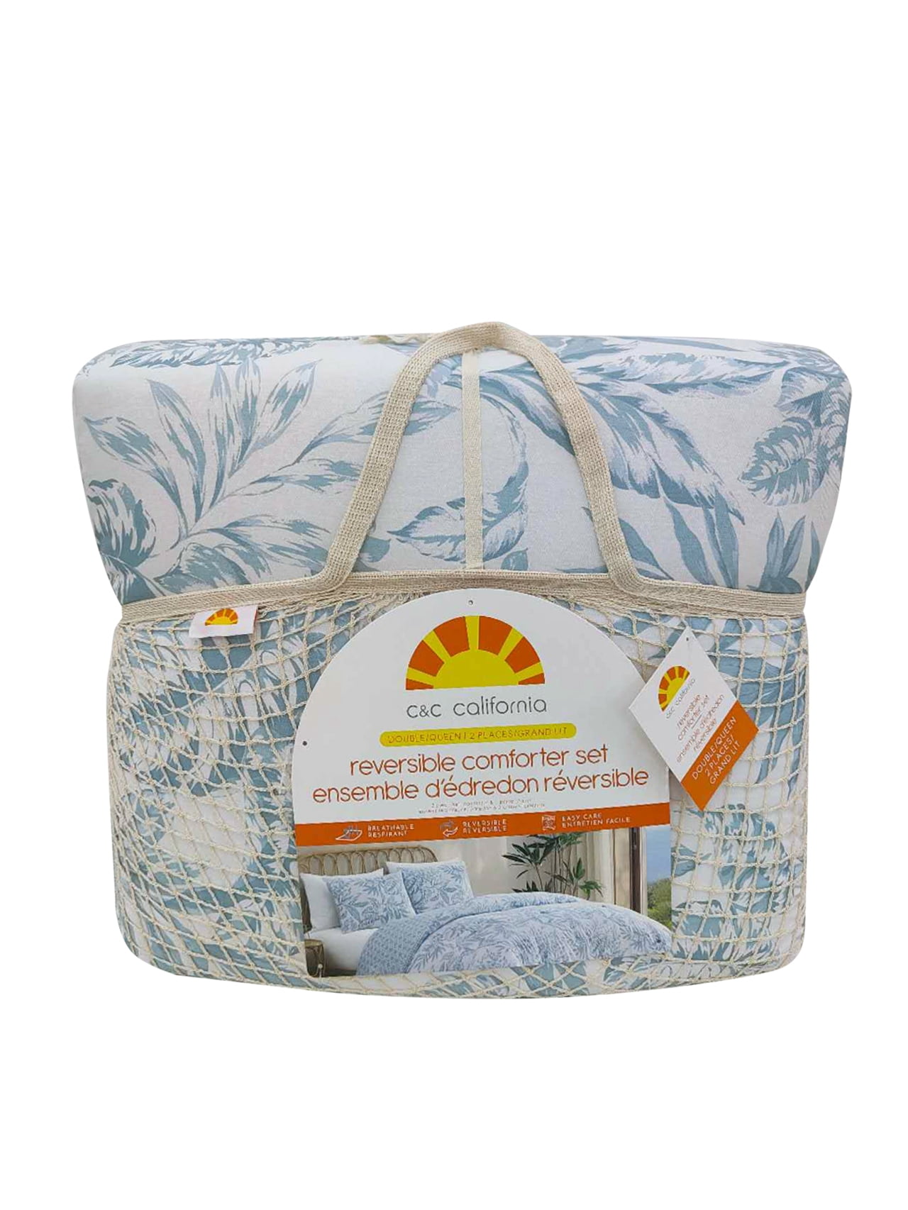 C&C California Printed Leaf Reversible Comforter Set, 100% Cotton, Breathable, All-Season Comfort , 3 piece, King, Blue