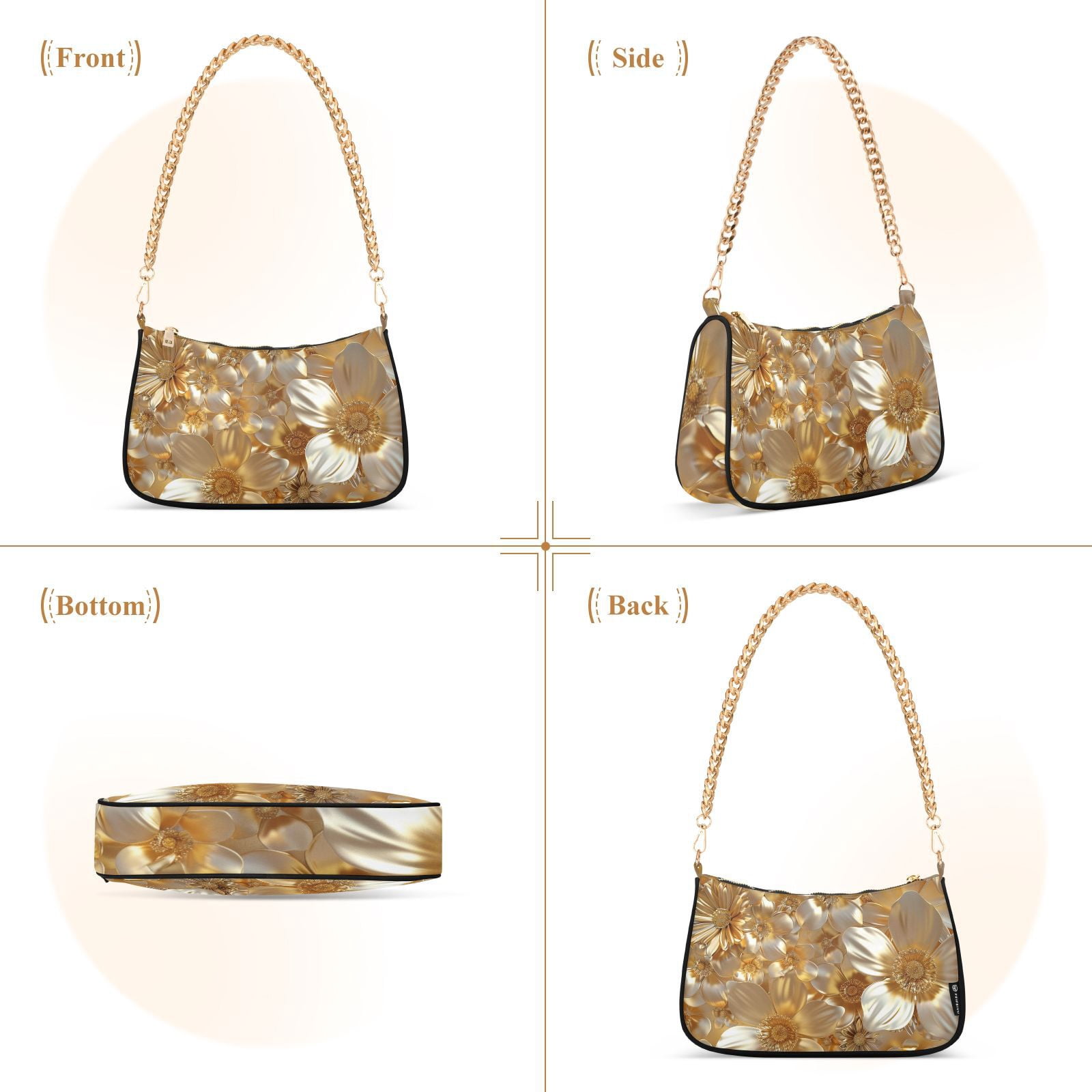 3d Gold FlowersWomen Small Shoulder Bag Crossbody Tote Hobo Bags Purse Clutch Handbags with Chain Strap for Women