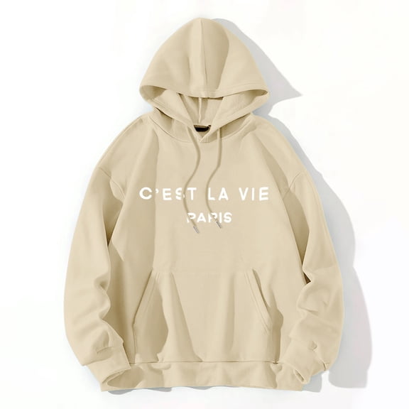 Baqcunre Women's Women's"C'Est La Vie Paris" Letter-Printed Hooded Pocket Hoodie with Drawstring Comfy Hoodie Womens Hoodies Graphic Hoodie Womens Sweatshirt Beige L