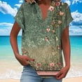 thumbnail image 2 of Women's Button Down V Neck Top Cotton Linen Blend Blouses Floral Graphic Tee Short Sleeve With Folded Cuff Ombre Top Loose Fit Summer Basic Henley Top, 2 of 5