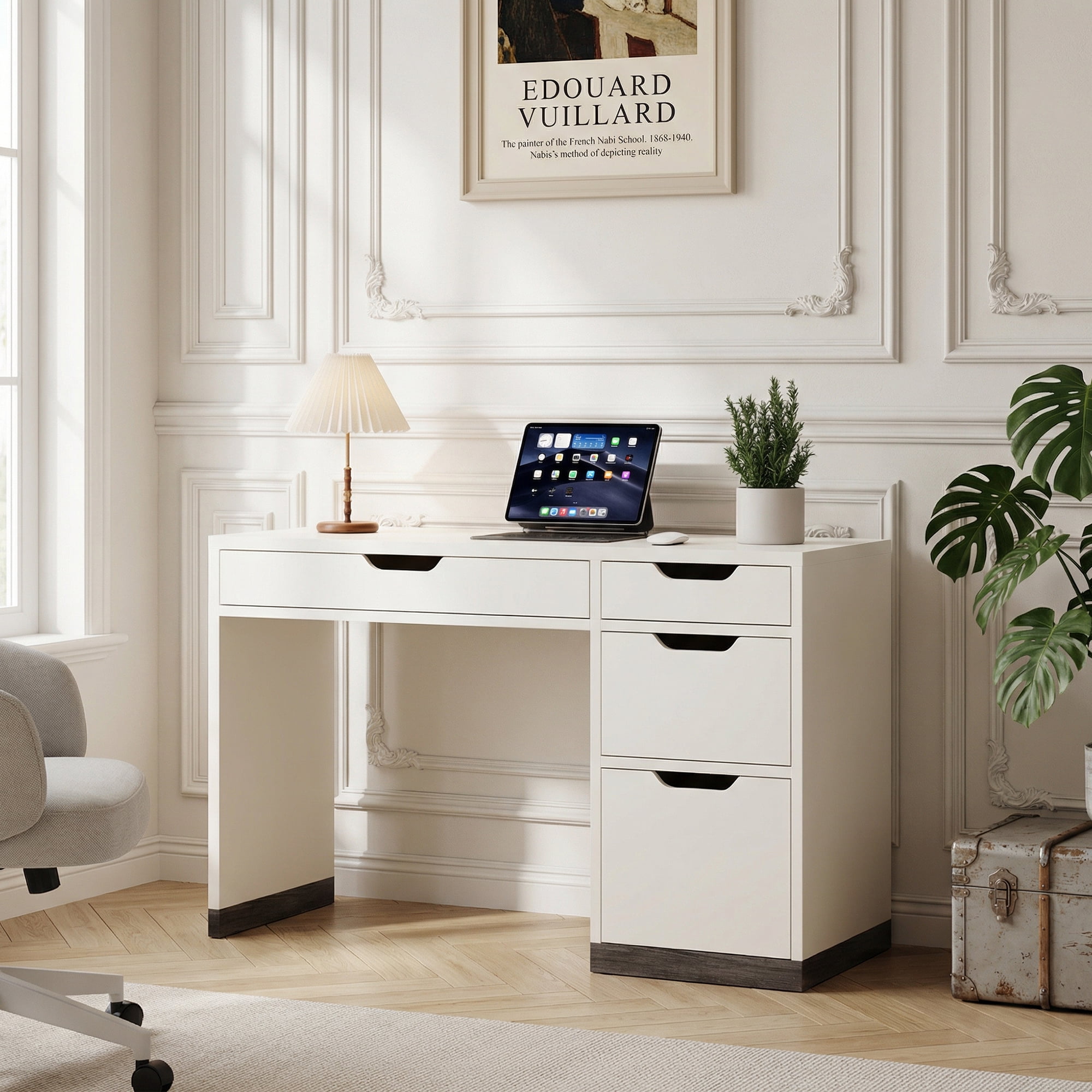 DreamCurship White Desk with Drawers, Modern Computer Desk with File Drawers, Home Office Study Writing Desk with Storage, White