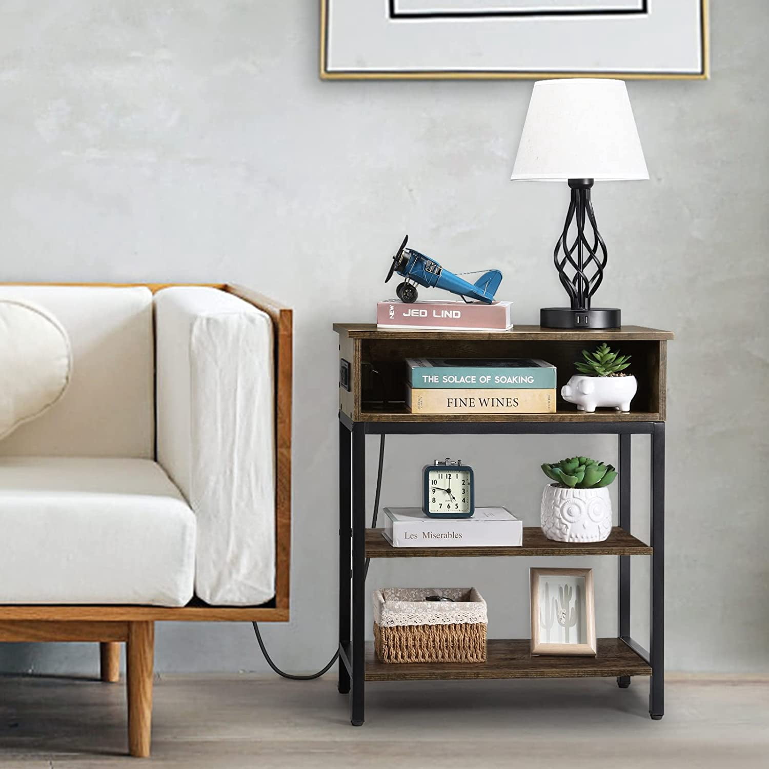 Oumilen Western Home 3 Layers End Table with Storage Shelf with Build-In Fast Charging Station with USB Ports in Rustic Burnt Wood