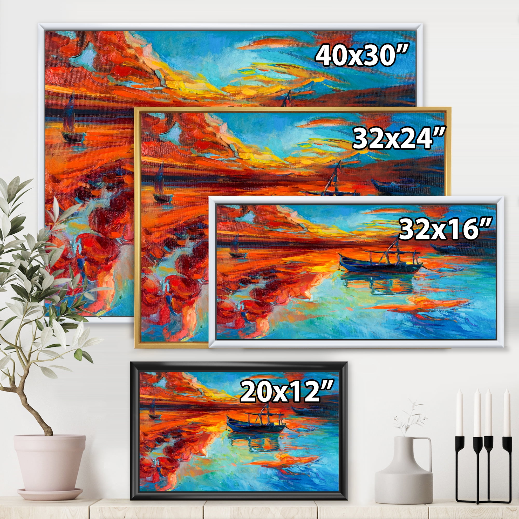 Designart 'Boat At The Lake During Evening Glow IV' Nautical & Coastal Framed Canvas Wall Art Print