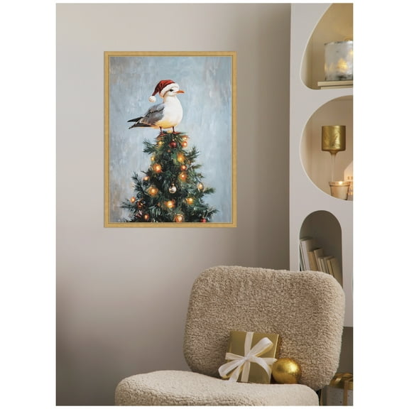 Kate and Laurel Framed Canvas Wall Art Print 'Seagull Santa Hat Festive Holiday Tree' by The Creative Bunch Studio, 18 x 24 Sylvie Bright Gold Frame, Whimsical, Animal Art for Wall Decor